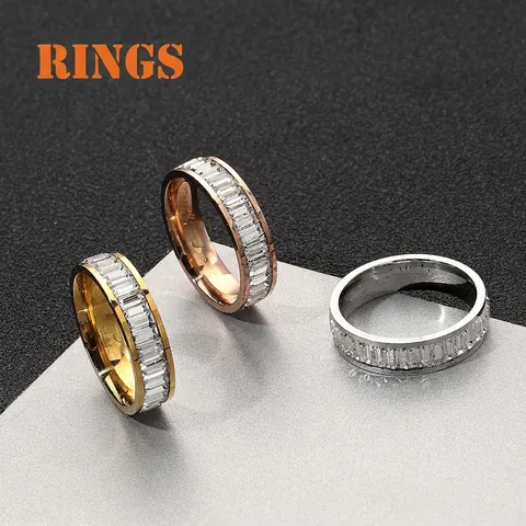 Baguette Cut Zircon Eternity Ring Stainless Steel Minimalist Rectangle Inlaid Jewelry For Men Women
