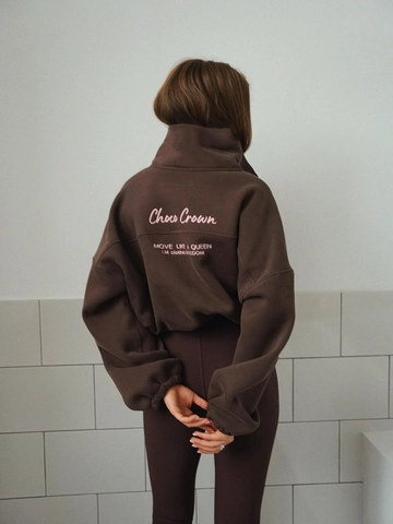 Women Polo Collar Sweatshirt Cotton Oversized Pullover Back Letter Embroidery Retro Streetwear Top Brown