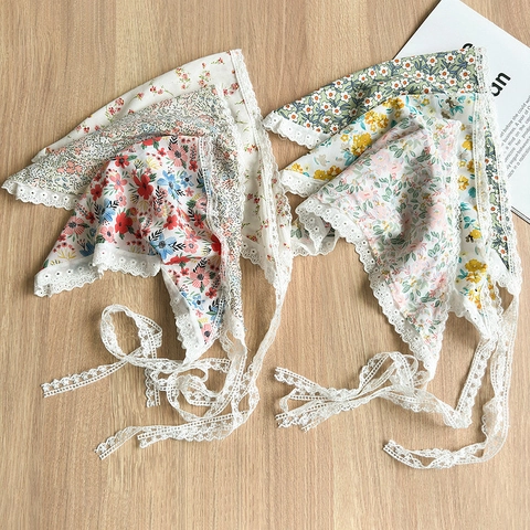 Floral Triangle Headscarf Bandana Lace Daisy Print Cotton Fabric Fresh Pastoral Style Vintage Hair Accessory