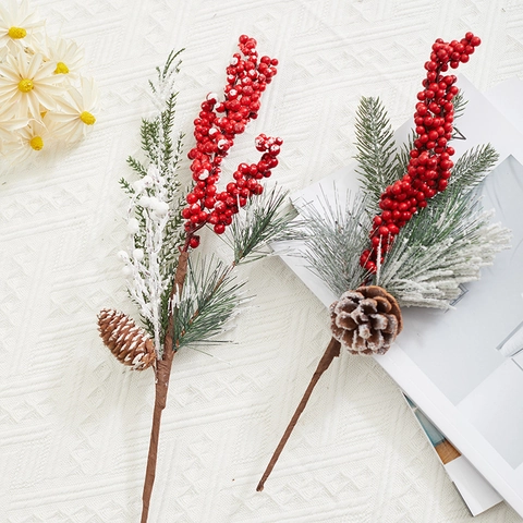 Artificial Christmas Berry Pinecone Branches Snowy Frosted Red White Berries Home Vase Decoration Festive Ornaments