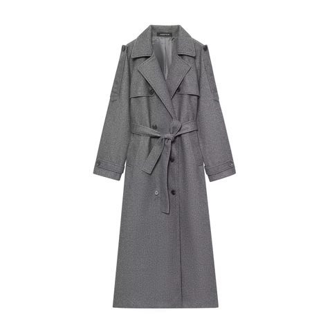 Abrigo Largo De Lana Para Mujer Con Cinturón De Doble Abotonadura Gabardina Color Sólido Invierno Otoño Elegante