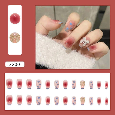 Press On Nails French Blush Gradient With 3D Bow Blue Heart Pattern Square Oval Fake Nails Full Cover Manicure