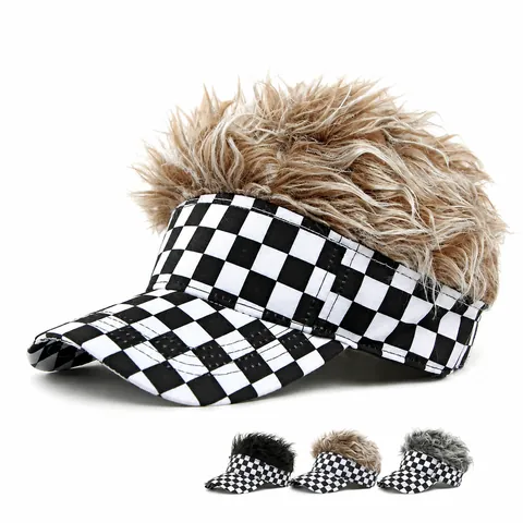 Funny Wig Visor Hat Spiky Fake Hair Checkerboard Pattern Polyester Sun Protection Outdoor Party Golf Unisex