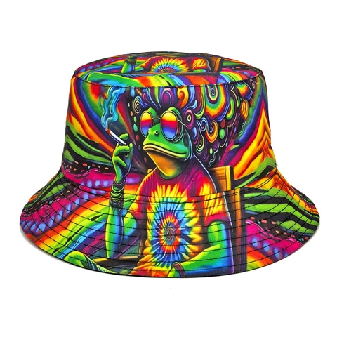 Psychedelischer Frosch Bucket Hat Polyester Tie Dye Bunter Sonnenschutz Streetwear Retro Anglerhut