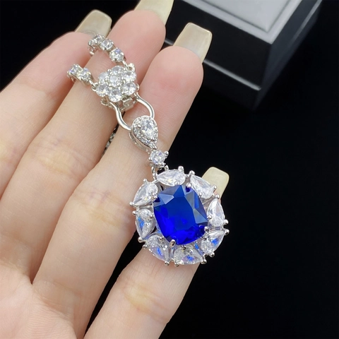 Exquisite Copper London Blue Simulated Sapphire Jewelry Set For Women Square Pendant Necklace Adjustable Open Ring Rhinestone Floral Earrings