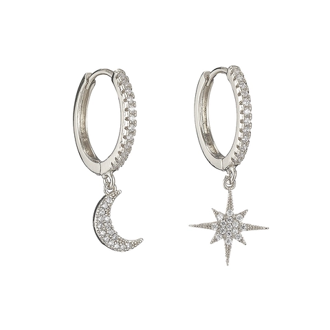 Orecchini Cerchio Asimmetrici Con Perno In Argento Sterling 925 Luna Stella Croce Fulmine Rame Zirconia Donne