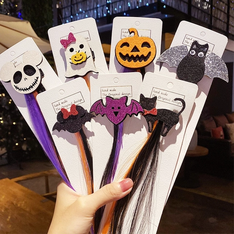 Halloween Haarklammern Mit Bunten Perückenverlängerungen Kürbis Fledermaus Geist Glitzer Polyester Festival Party Requisiten