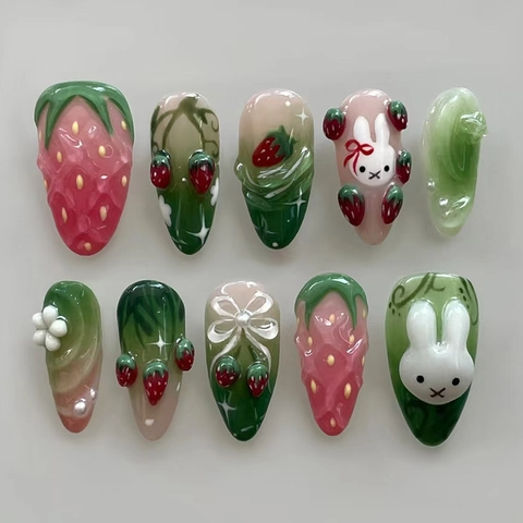 Press On Nails Fragola Coniglio Design 3D Rilievo ABS Traslucido Stile Dolce Carino Moda Per Donne Ragazze