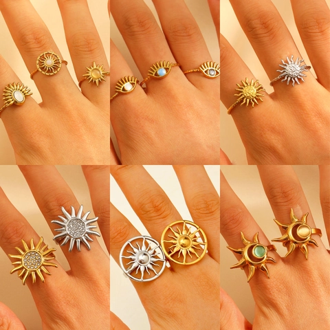 Bohemian Stainless Steel Sun Evil Eye Open Ring For Women Vintage Adjustable Celestial Sunflower Rhinestone Ring Jewelry Gift