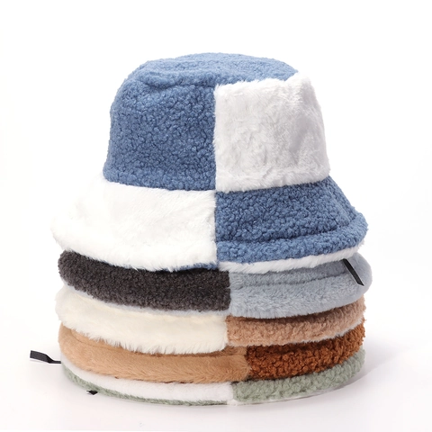 Chapeau Bob En Fausse Fourrure Patchwork Hiver Chaud Peluche Bloc De Couleur Pour Femmes Hommes Épais Coupe-Vent Extérieur