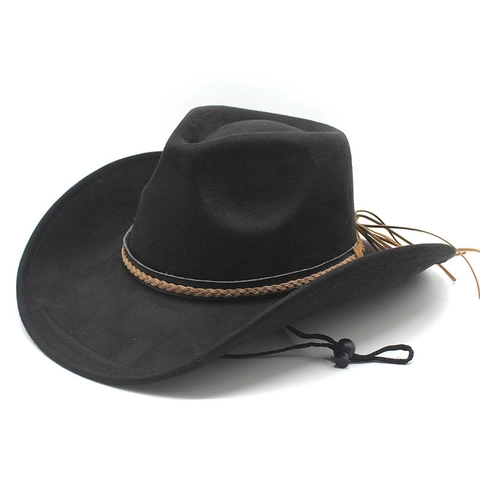 Westerse Cowboyhoed Suède Polyester Brede Rand Verstelbaar Winddicht Touw Gevlochten Band Kwastje Etnisch Retro