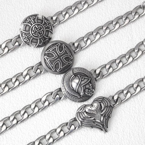 Bracciale Catena Cubana Acciaio Inossidabile Vichingo Nodo Celtico Croce Elmo Spartano Ali Di Angelo Cuore Punk Hip Hop Uomo