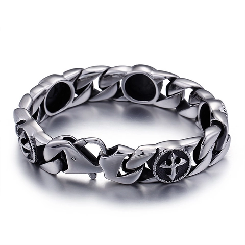 Men Vintage Bracelet Stainless Steel 316L Cuban Chain Gothic Punk Cross Anchor Relief Heavy Link Wrist Jewelry