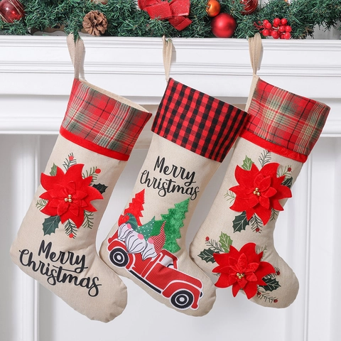 Calze Di Natale Decorazione Festiva Iuta Poinsettia Gnomo Camion Rosso Camino Appeso Sacchetti Regalo Caramelle