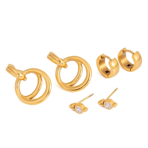 3 Paare Edelstahl Ohrringe Set Geometrische Doppel-Reifen Hängeohrringe Strass Ohrstecker Für Damen Schmuck