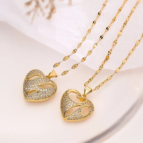 Hohl Herz Zirkon Anhänger Halskette Vergoldetes Kupfer Elegante Vintage Mode Schlüsselbeinkette Für Damen