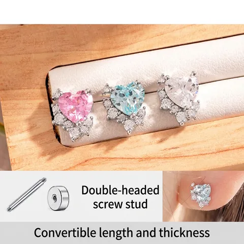 Studs De Piercing De Cartilage D'Oreille Cœur En Zircone Avec Tige En Acier Titane Et Dos À Vis Pour Femmes