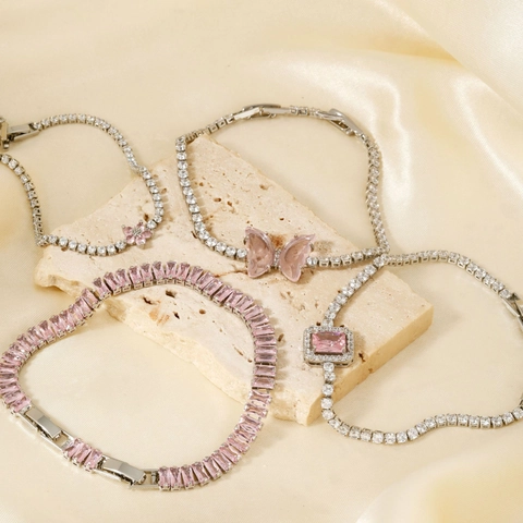 Elegant Women Tennis Bracelet Copper Inlaid Pink White Cubic Zirconia Adjustable Chain Jewelry Fashion Aesthetic Gift
