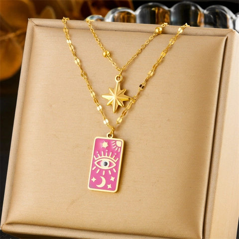 Collana E Orecchini Tarot Evil Eye In Acciaio Inossidabile Smalto Rosa A Strati Stella Luna Vintage Boho Per Donne
