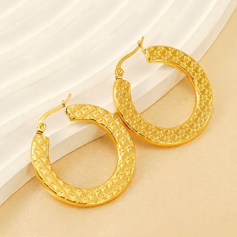 Large Hoop Earrings 18K Gold Plated Stainless Steel Star Textured Retro Fashion Jewelry For Women
