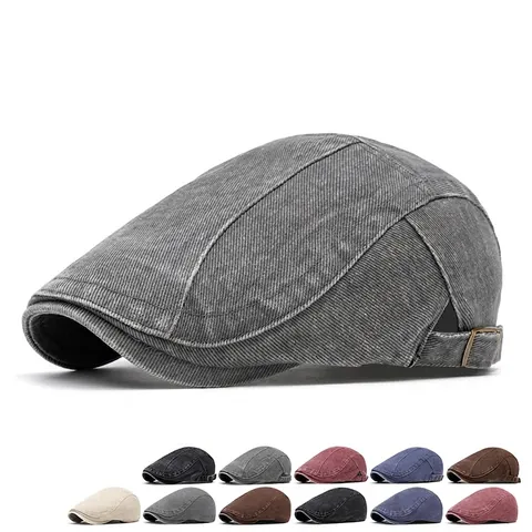 Flat Cap Washed Cotton Denim Hat Vintage British Style Adjustable Metal Buckle Sunshade Ivy Newsboy Cap For Men Women