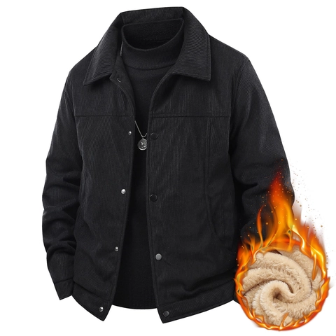 Chaqueta de Pana para Hombre con Forro Polar Cálido Grueso Ropa de Invierno Solapa Color Sólido Casual Urbano Top