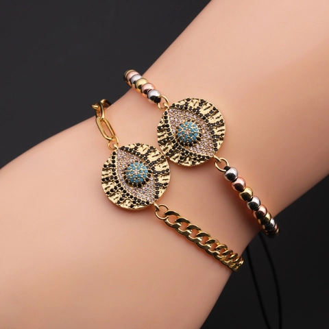Evil Eye Bracelet Copper Zircon Micro Pave Adjustable Gold Plated Asymmetric Chain Jewelry For Women