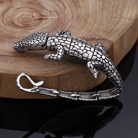 Bracelet Animal Crocodile Acier Inoxydable 316L Bijoux Hip Hop Vintage Pour Hommes Style Punk Rétro Lien Articulé