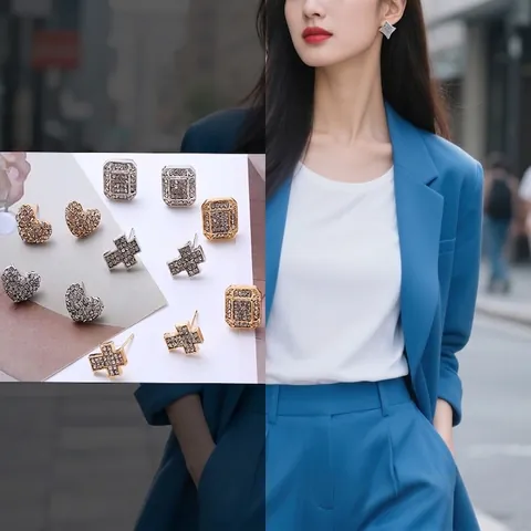 Geometric Stud Earrings For Women Elegant Rhinestone Pave Alloy Jewelry With 925 Sterling Silver Earring Post