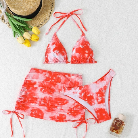 Women Floral Print Bikini Top And Bottom With Matching Drawstring Sarong Skirt Halter Neck Swimwear For Beach Vacation
