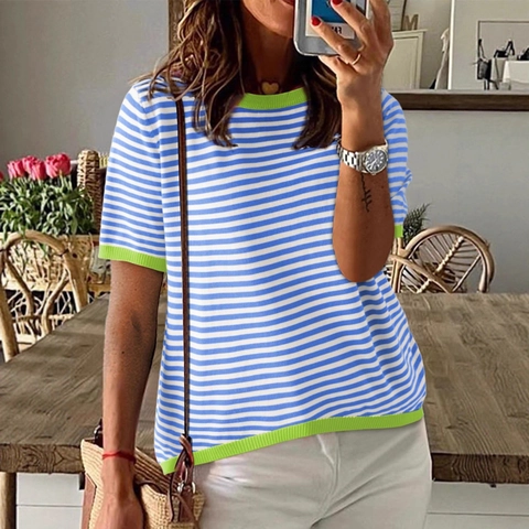 Women Striped Acrylic Knit Sweater Contrast Color Ribbed Trim Crew Neck Long Sleeve Casual Pullover Top