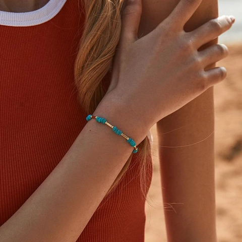Pulsera De Cuentas De Turquesa Tubo De Cobre Chapado En Oro De 18K Joyería Bohemia De Verano Para Mujer
