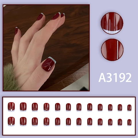 French Tip Press On Nails Wine Red Glossy Short Square Artificial False Finger Nails For Women Elegant Luxury