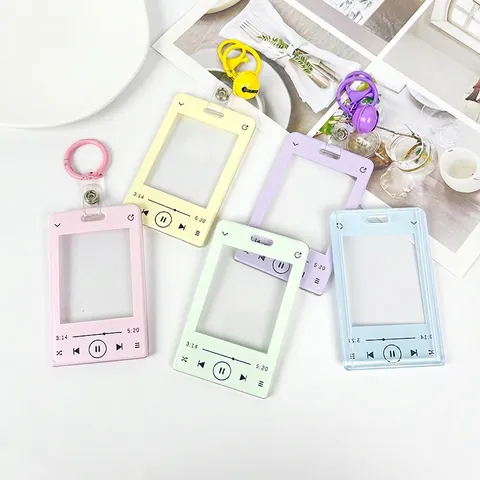 Music Player Style Photocard Holder PS Plastic Sliding ID Badge Sleeve Transparent Card Protector With Keychain For Student