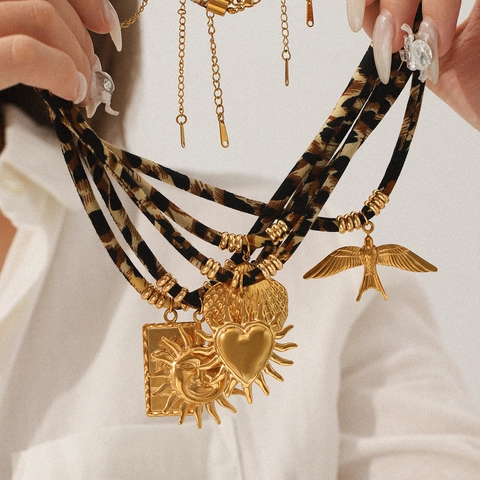 Collier Pendentif Acier Inoxydable Cordon Tissu Imprimé Léopard Soleil Coquillage Cœur Oiseau Palmier Bijoux Style