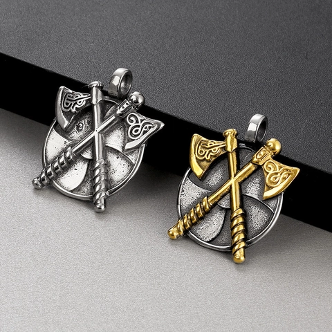 Viking Double Axe Shield Pendant Necklace Retro Stainless Steel Punk Style Celtic Knot Nordic Jewelry For Men