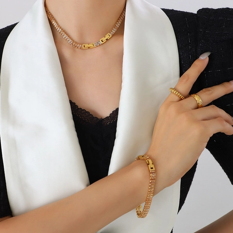 Light Luxury Titanium Steel Gold Plated Necklace Bracelet Set Multicolored Baguette Cut Zirconia Fashion Jewelry Set For Women Men