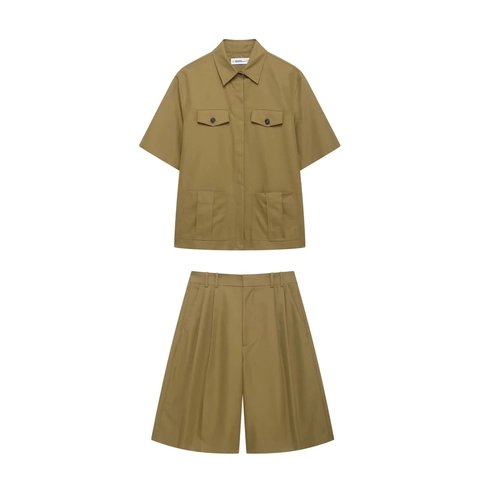 Women Short Sleeve Cargo Shirt And Pleated High Waisted Shorts Outfits Casual Summer Solid Color Woven Polyester