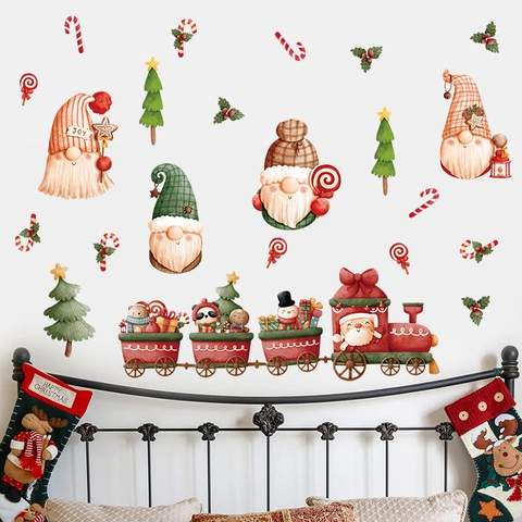 Christmas Gnomes Wall Stickers PVC Self Adhesive Cartoon Train Window Clings Holiday Home Decoration Waterproof