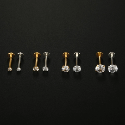 Zircon Inlaid Lip Ring Stud 316L Stainless Steel Labret Monroe Piercing Jewelry Flat Back Internally Threaded