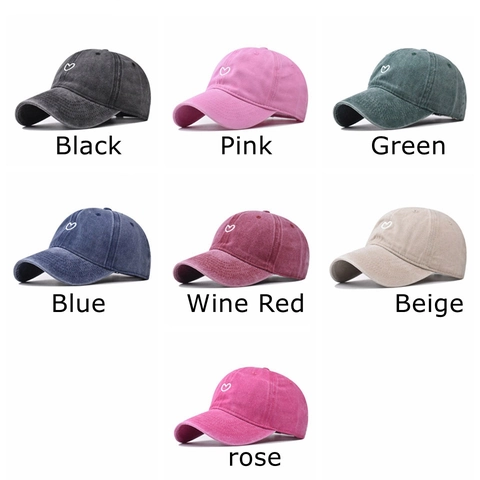 Washed Cotton Baseball Cap With Heart Embroidery Vintage Distressed Sun Protection Hat For Men Women Outdoor Adjustable