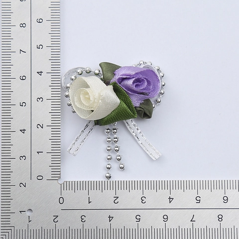 Handmade Ribbon Rose Flower Motif Fabric Artificial Floral Silver Bead Chain For DIY Brooch Garment Decoration Elegant