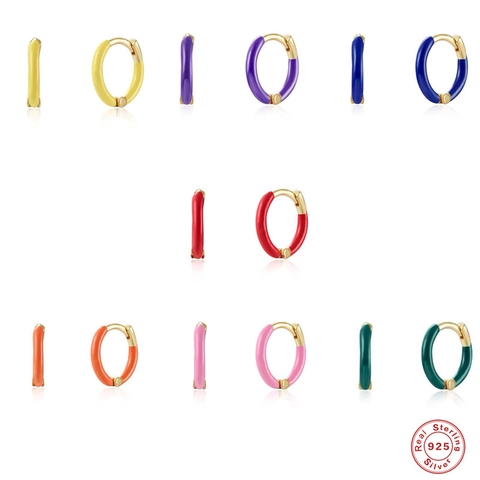 Bunte Emaille Creolen Für Damen Mit 925 Sterling Silber Ohrringstecker Vergoldet Klein Rund Geometrisch Schmuck