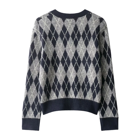 Suéter De Punto Argyle Cuello En V Manga Larga Poliéster Acrílico Casual Retro Top Para Mujeres