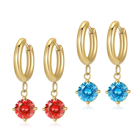 Titanium Steel Hoop Earrings With Round Zircon Pendant Gold Color Geometric Jewelry For Women