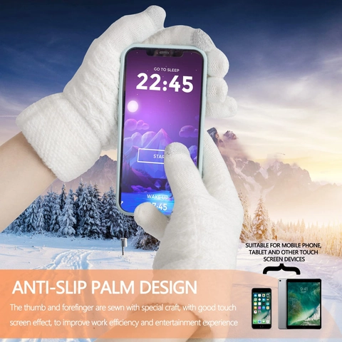 Women Winter Knit Gloves Touch Screen Design Double Layer Thickened Fleece Lined Warm Outdoor Wave Pattern Soft