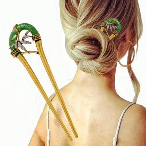Pic À Cheveux En Alliage En Forme De U Avec Anneau En Jade Vert Et Feuille De Bambou Avec Strass Style Chinois Vintage