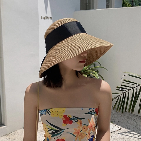 Women's Large Brim Straw Hat With Bow Ribbon Summer Sun Protection Beach Floppy Hat Elegant Breathable Foldable Sunshade Hat For Vacation Travel