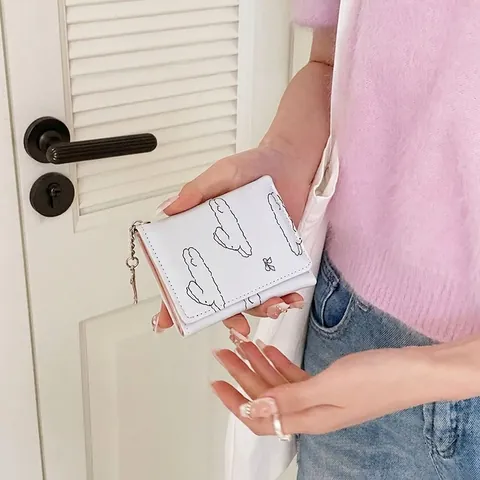 Women Trifold Short Wallet PU Leather Cute Rabbit Cloud Print Bowknot Pendant Purse With Heart Photo Slot Card Holder
