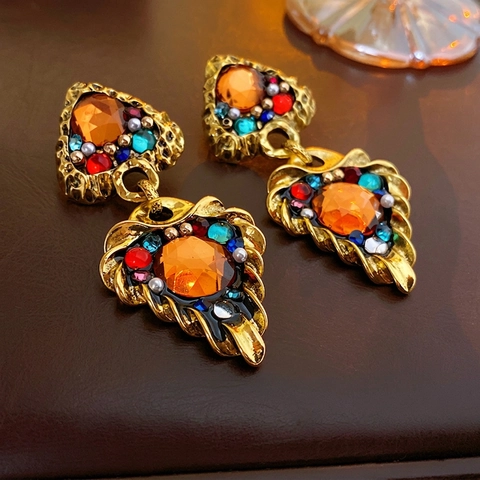 Vintage Baroque Drop Earrings With Silver Earring Post Colorful Rhinestone Faux Artificial Pearl Retro Gold Tone Luxury Women